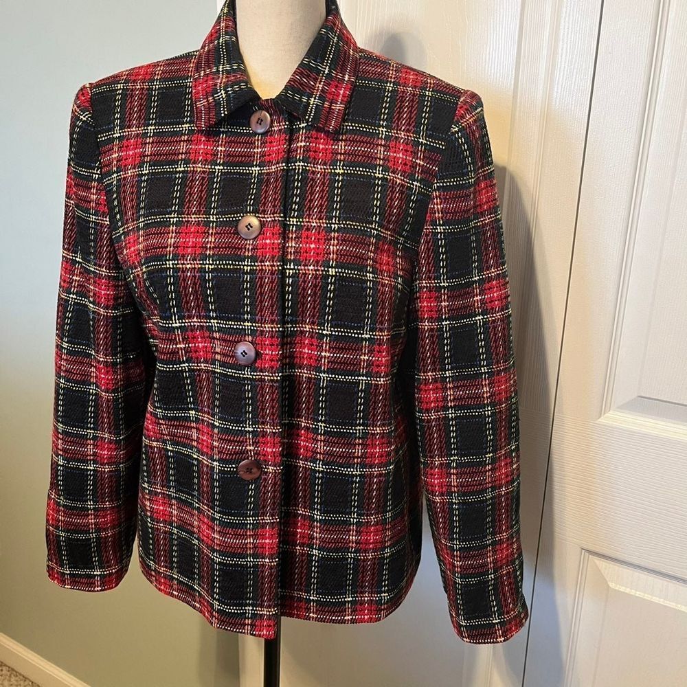 Sag Harbor Womens 10 Black Red Tartan Plaid Woven Jacket Blazer Office VINTAGE